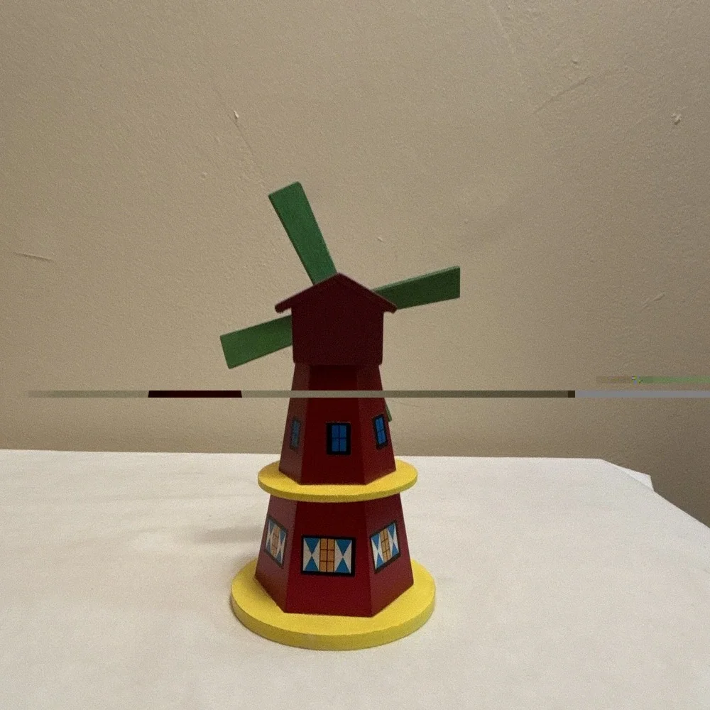 Painted Wood Holland Windmill Figurine 5 in Red Green Yellow Blue